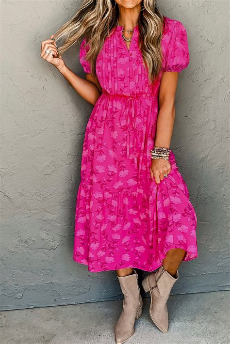 1794 Rose Red Floral Print Pleated Drawstring Flowy Midi Dress Dsdear