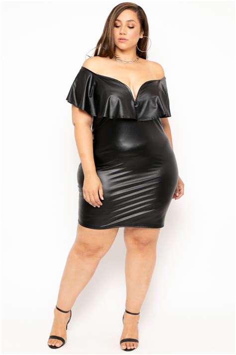 PLUS SIZE FAUX LEATHER FRILL BODYCON DRESS BLACK Plus Size Outfits