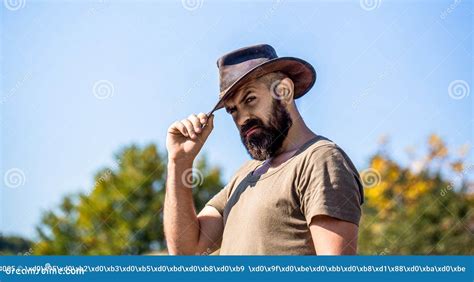 Man Unshaven Cowboys. American Cowboy. Leather Cowboy Hat. Portrait Of ...