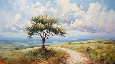 Delicate Impressionism Uhd Oil Painting Of Tree On Dirt Path With