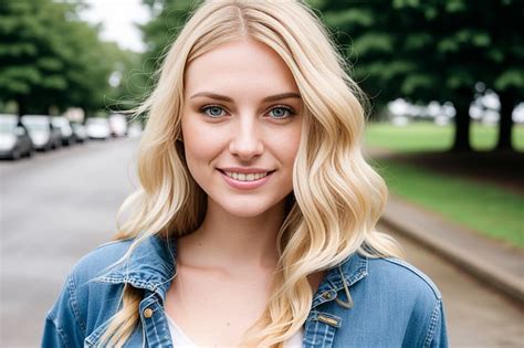 AI Art Women Blonde Wavy Hair Nature Denim Denim Jacket Smiling HD Wallpaper