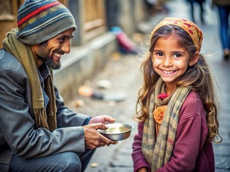 A Kindhearted Girl Giving A Smile To A Beggar Premium AI Generated Image