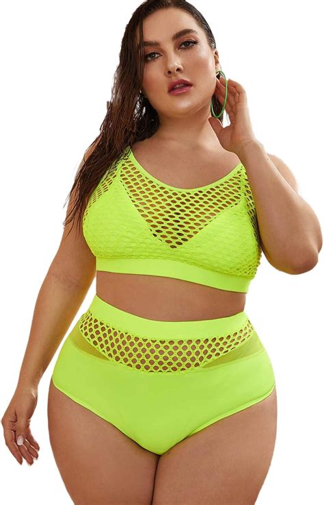 Amazon Floerns Women S Plus Size Bathing Suit Fishnet High Waist Bikini Set Rave Outfit