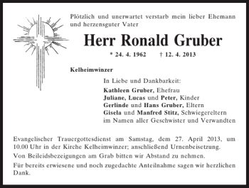 Traueranzeigen Von Kelheimwinzer Ronald Gruber Mittelbayerische Trauer