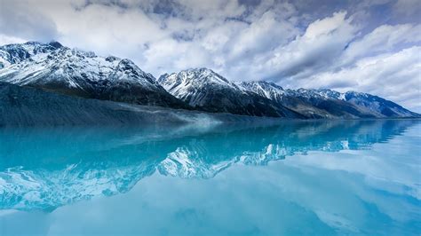 Water Snow Tasman Lake Reflection Mountains Clouds Nature New