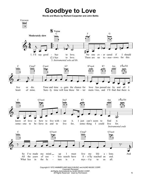 Goodbye To Love By Carpenters Sheet Music For Ukulele At Sheet Music Direct