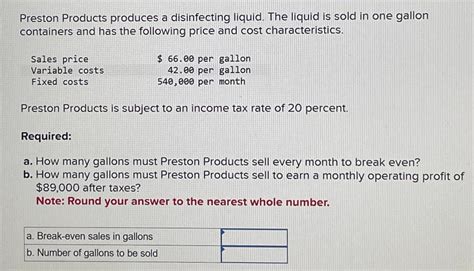 Solved Preston Products Produces A Disinfecting Liquid