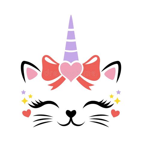 Cute Cat Unicorn Face Vector Set For Valentines Day Stock Vector