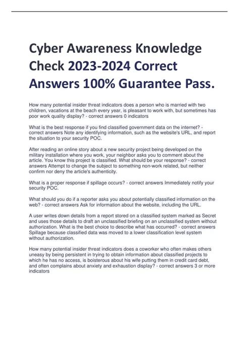 Updated Cyber Awareness Knowledge Check Correct Answers 100 Guarantee Pass Cyber Awareness