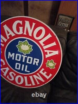 MAGNOLIA GASOLINE MOTOR OIL Porcelain Enamel Sign 30 Inches Double