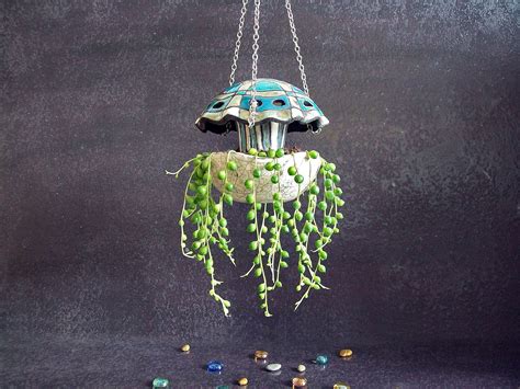 Ceramic Jellyfish Hanging Planter Pot Hanging Terrarium Raku Etsy Uk