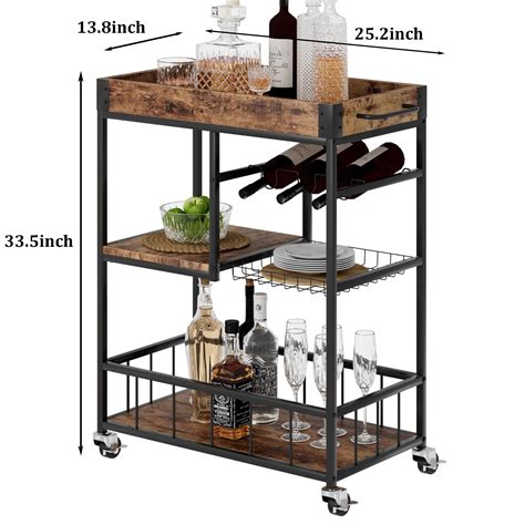 Bar Cart With Basket 3 Tiers Home Rolling Wine Rack With Wheels Mobile Kitchen Industrial