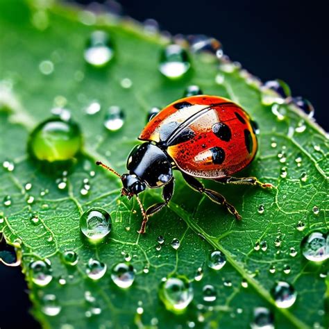 Premium Photo Beautiful Ladybug On Green Leaf With Dew Drops Close Up