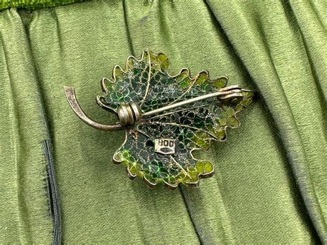 Art Nouveau Fly Insect Bug Leaf Plique A Jour Enamel Brooch Pin Silver