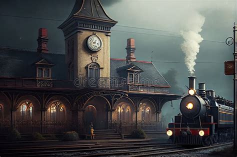 Classic Train Station With Vintage Carriages And Steam Engine On