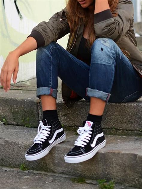 Trendy High Top Canvas Sneakers Black High Top Vans Outfit Sk8 Hi