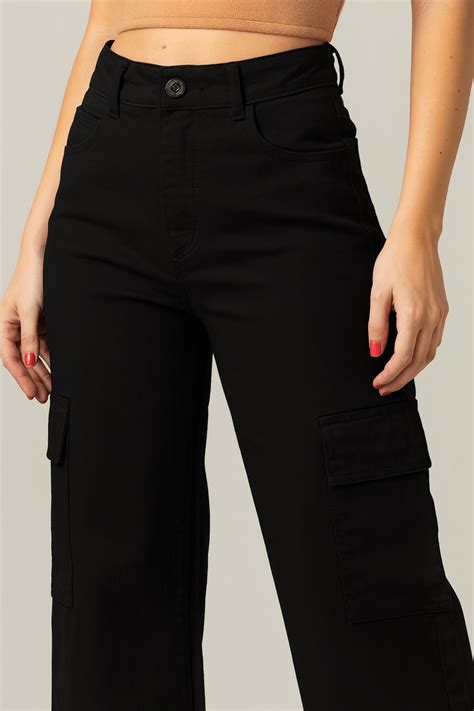 Calça Cargo Wide Leg - Calça Wide Leg Cargo Preta F2023065PT - Oxiblue Jeans