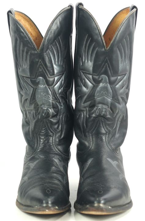 Boulet Black Gray Leather Cowboy Boots Screamin Eagles Texas Stars Mens