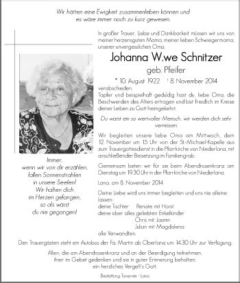 Traueranzeigen Von Johanna Schnitzer Trauer Bz