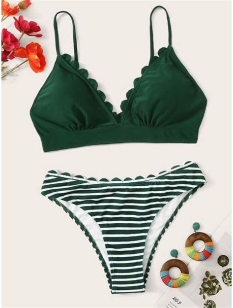 Buy Scallop Trim Plunge Neck Bikini Set Online Topofstyle