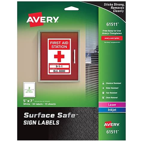 Avery Surface Safe Laser Inkjet Label Safety Signs 5 X 7 White 30 Labels Pack 61511 Staples