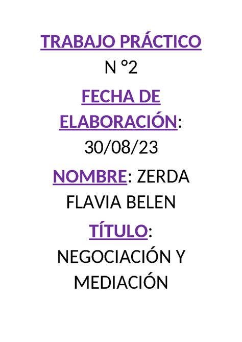 Tp Mediacion Y Negociacion Trabajo Pr Ctico N Fecha De