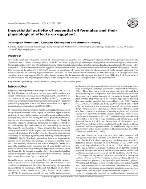 Insecticidal Activity Of Essential Oil Formulas And Their