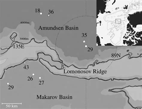 map   lomonosov ridge   arctic ocean inset  canadian  scientific