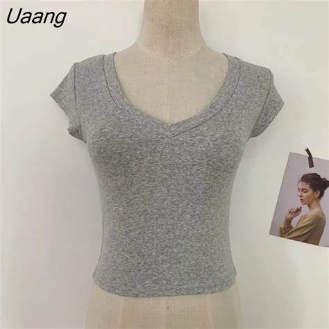 Uaang New Retro Sweet Basic V Neck Low Chest Solid Color T Shirt Short Sleeve Tees Slim Hot Sexy