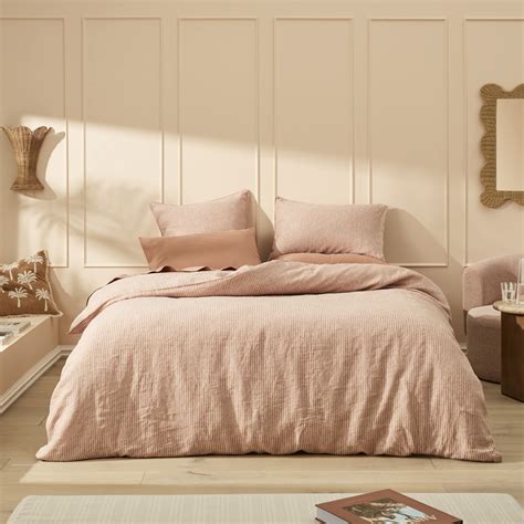 Vintage Washed Linen Caramel Nude Pink Stripe Quilt Cover Separates Adairs