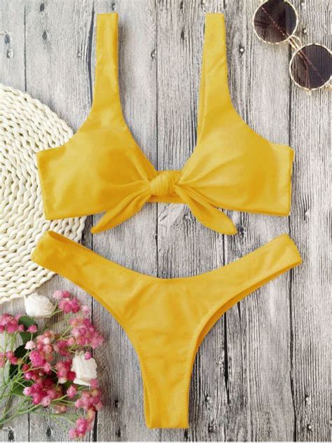 Padded Knotted Thong Bikini Mustard Bikinis S Zaful