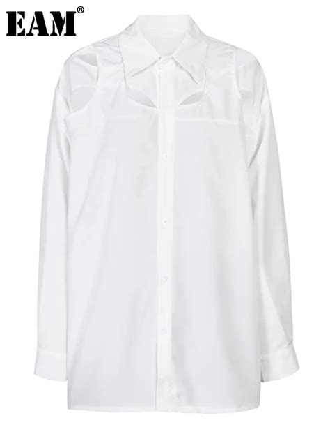 Eam Women Hollow Out White Big Size Blouse New Lapel Long Sleeve Loose