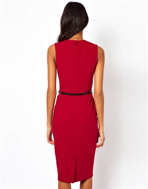 Lyst Asos Sleeveless Pencil Dress With Twist Neck And Belt In Red