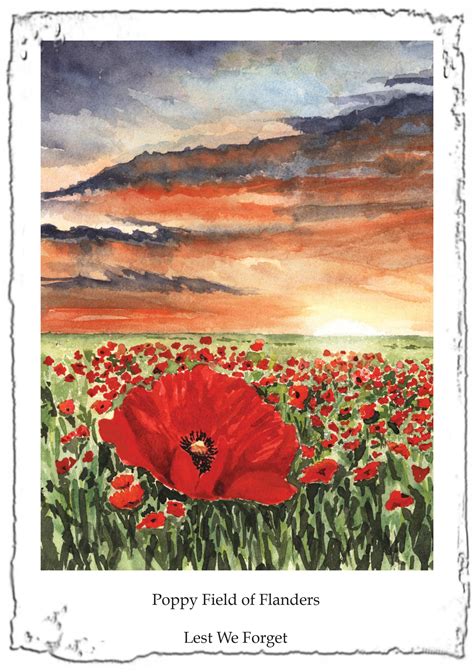 POPPY FIELD of Flanders, Watercolour Print Greetings Card, Personalised, Open, Remembrance Day ...