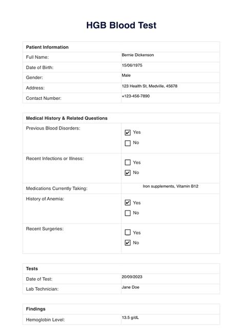 Hgb Blood Test And Example Free Pdf Download