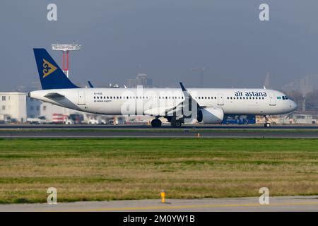 Air Astana Airbus A321neo aircraft about to land in Almaty Airport in ...