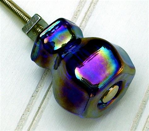 Cobalt Blue Carnival Glass Cabinet Knob Drawer Pull Vintage