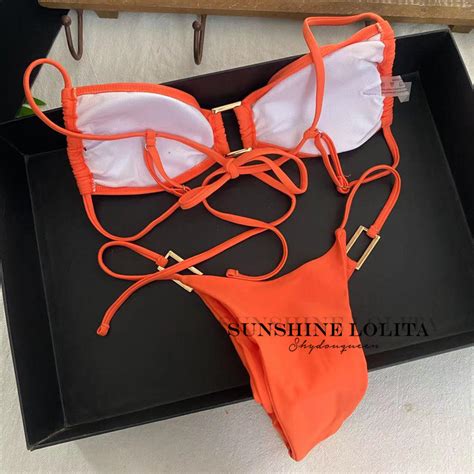 Orange Bikini Thong High Fork Swimsuit Metallic Buckle For Women