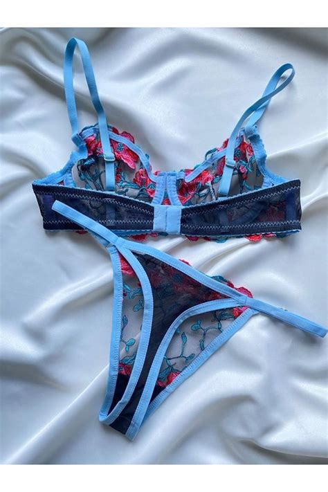 ARONA Sirius Lingerie Arona Lacivert Fuşya Çiçek Nakış Işlemeli Dantelli Balenli Tanga Bralet