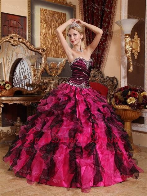 Popular Black And Hot Pink Sweet 16 Dress Sweetheart Organza Beading