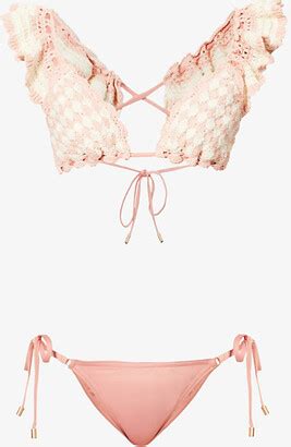 Zimmermann Womens Pink Cream Clover Frilled Trim Cotton Crochet Bikini