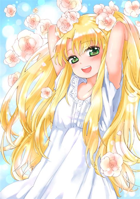 Safebooru Arms Up Astarotte Ygvar Blonde Hair Blush Dress Flat Chest Flower Green Eyes Long