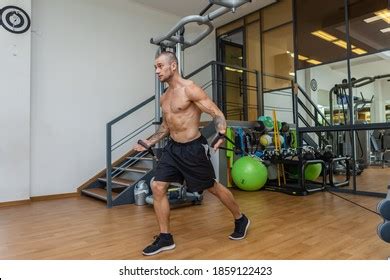 Muscular Bodybuilder Naked Torso Exercises Cable Stock Photo