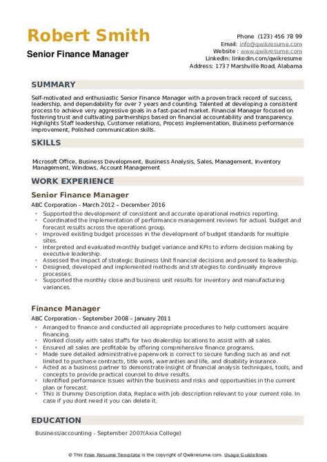 Finance Manager Resume Sample