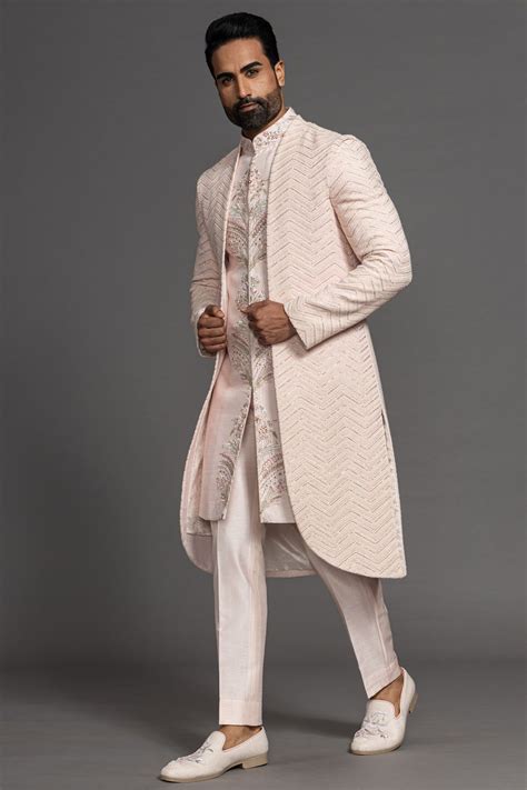 Buy Pastel Pink Resham Embroidered Silk Indowestern Sherwani Online