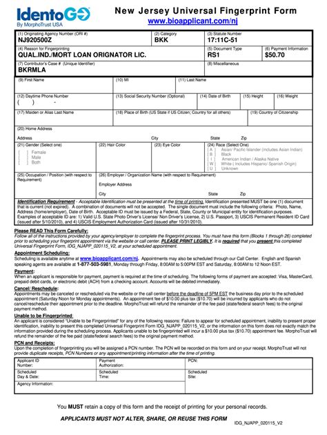 Identogo Nj Universal Fingerprint Form Fill Online Printable