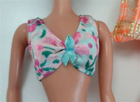 Vintage Barbie Size Doll Clothes Orange Swimsuit Bikini Top Wrap Skirt