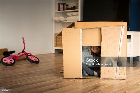 골판지 놀이집에서 노는 어린 아이 소녀 아이에 대한 스톡 사진 및 기타 이미지 아이 집 상자 Istock