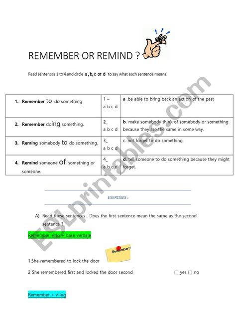 Remember Or Remind ESL Worksheet By Raunie