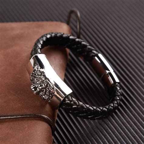 Moge Fashion Jewelry Genuine Leather Bracelets Men Cool Lion Head